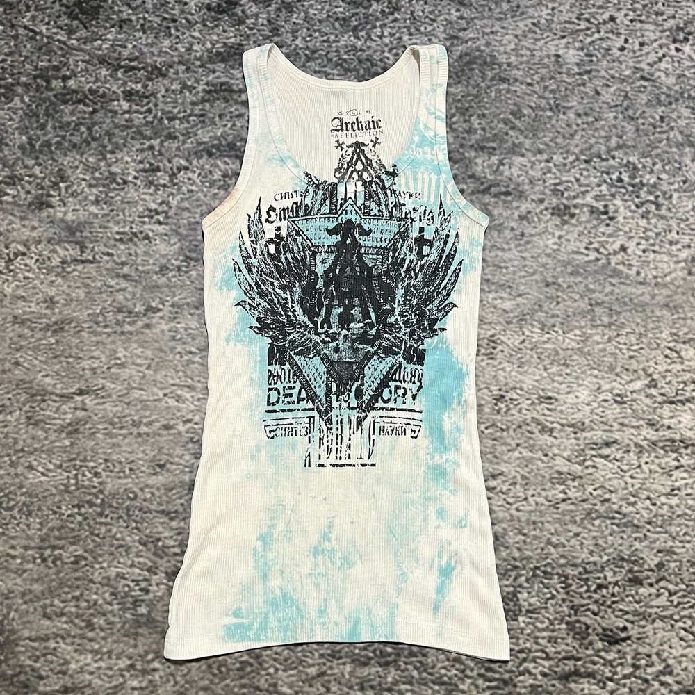 Archaic By Affliction Tank Top Womens Medium White Blue Biker Grunge Cyber Y2K